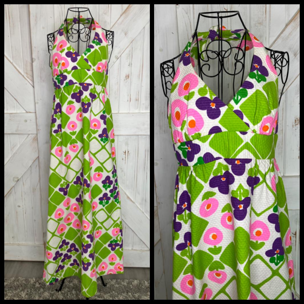 70's Vintage Malia Honolulu Pink Green Purple White Flower Power Hawaiian Halter Maxi Sundress Dress