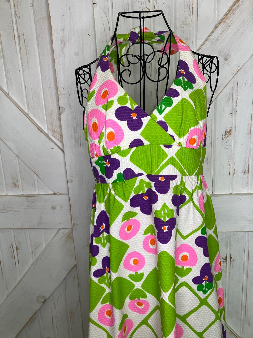 70's Vintage Malia Honolulu Pink Green Purple White Flower Power Hawaiian Halter Maxi Sundress Dress