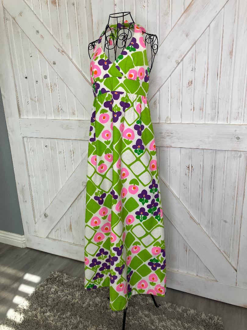70's Vintage Malia Honolulu Pink Green Purple White Flower Power Hawaiian Halter Maxi Sundress Dress