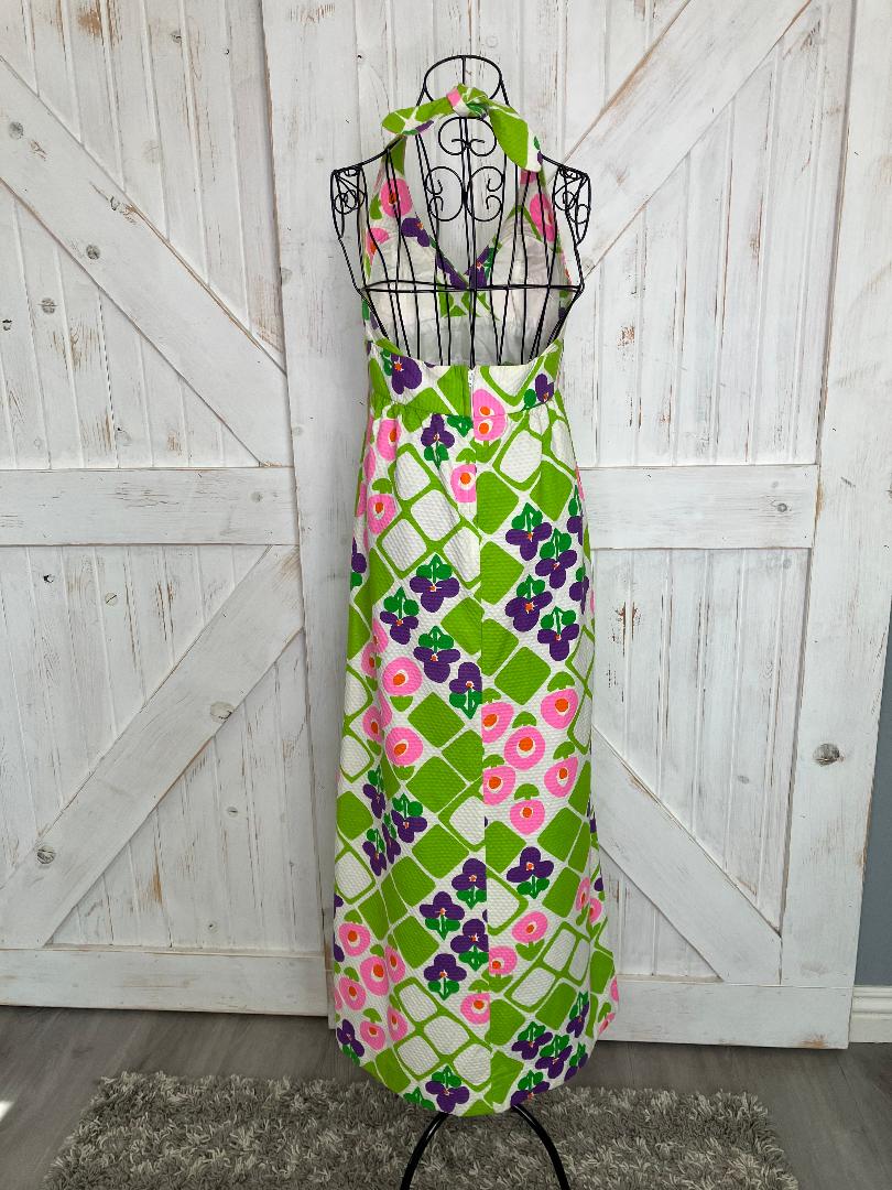 70's Vintage Malia Honolulu Pink Green Purple White Flower Power Hawaiian Halter Maxi Sundress Dress