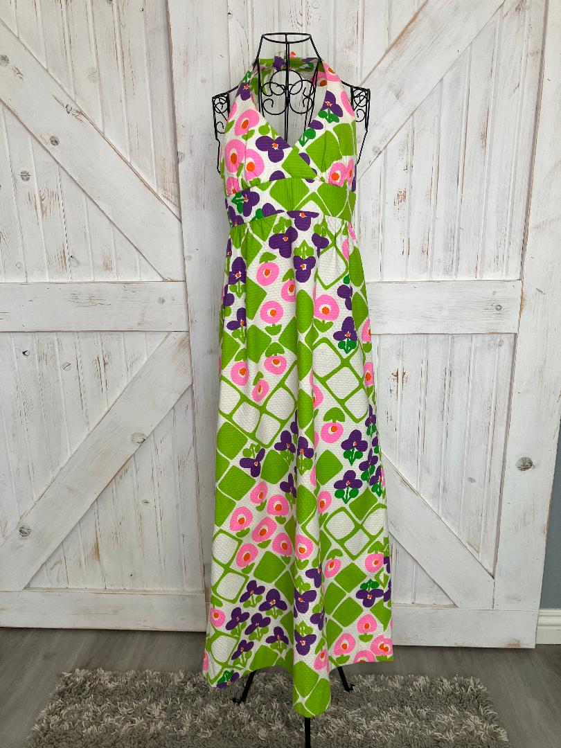 70's Vintage Malia Honolulu Pink Green Purple White Flower Power Hawaiian Halter Maxi Sundress Dress