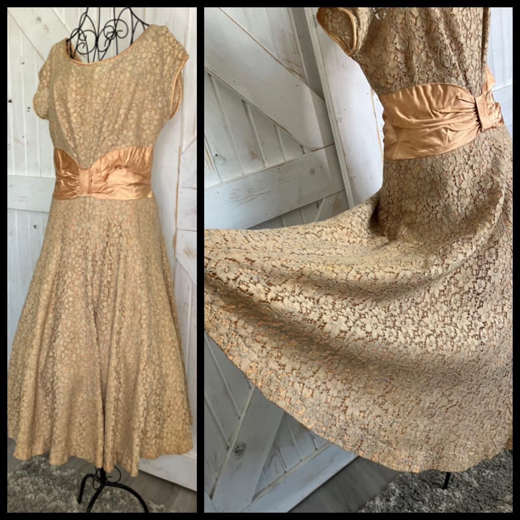 50's Vintage Gold Brown Peach Lace Cocktail Party Dapper Tea Midi Dress