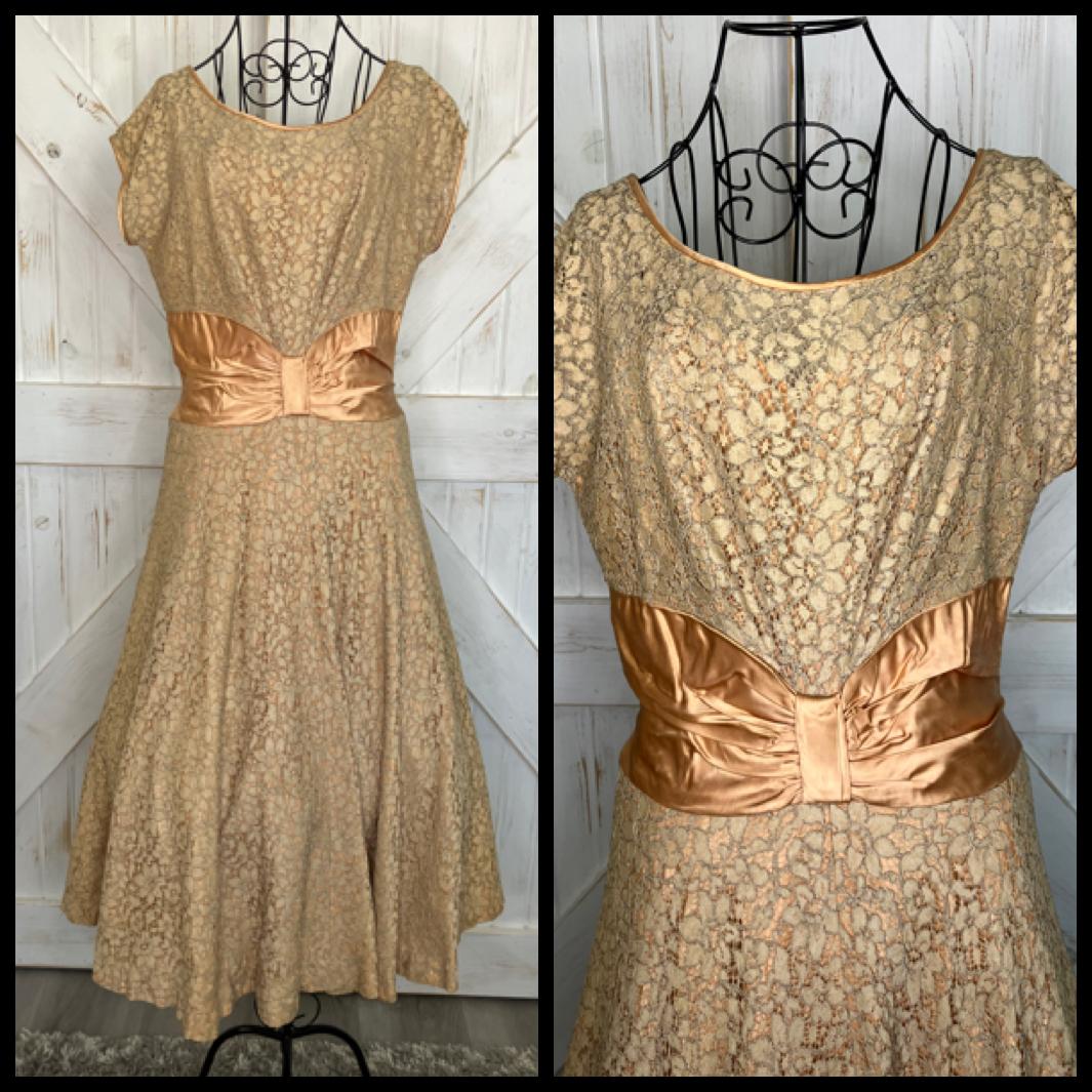 50's Vintage Gold Brown Peach Lace Cocktail Party Dapper Tea Midi Dress