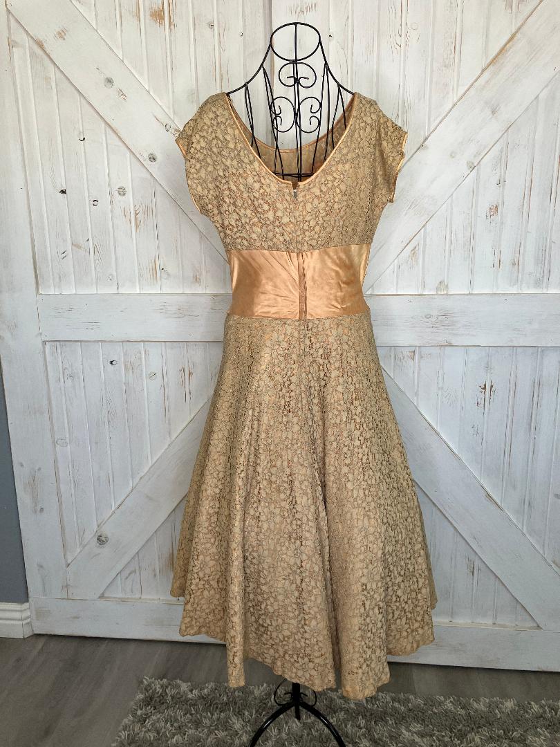 50's Vintage Gold Brown Peach Lace Cocktail Party Dapper Tea Midi Dress