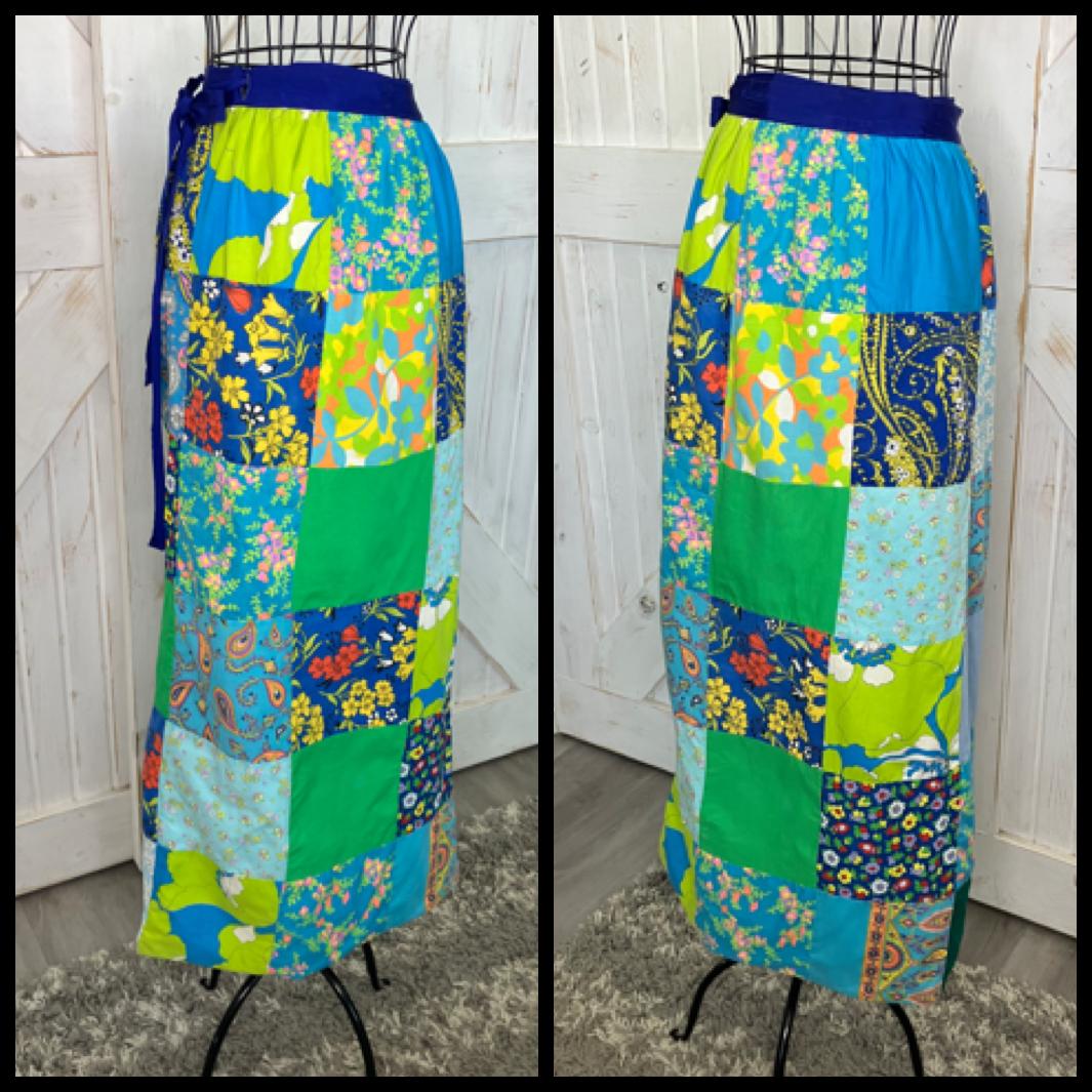 70's Vintage Gisella Heinemann Blue Green Rainbow Calico Paisley True Patchwork Boho Hippy Wrap Maxi Skirt