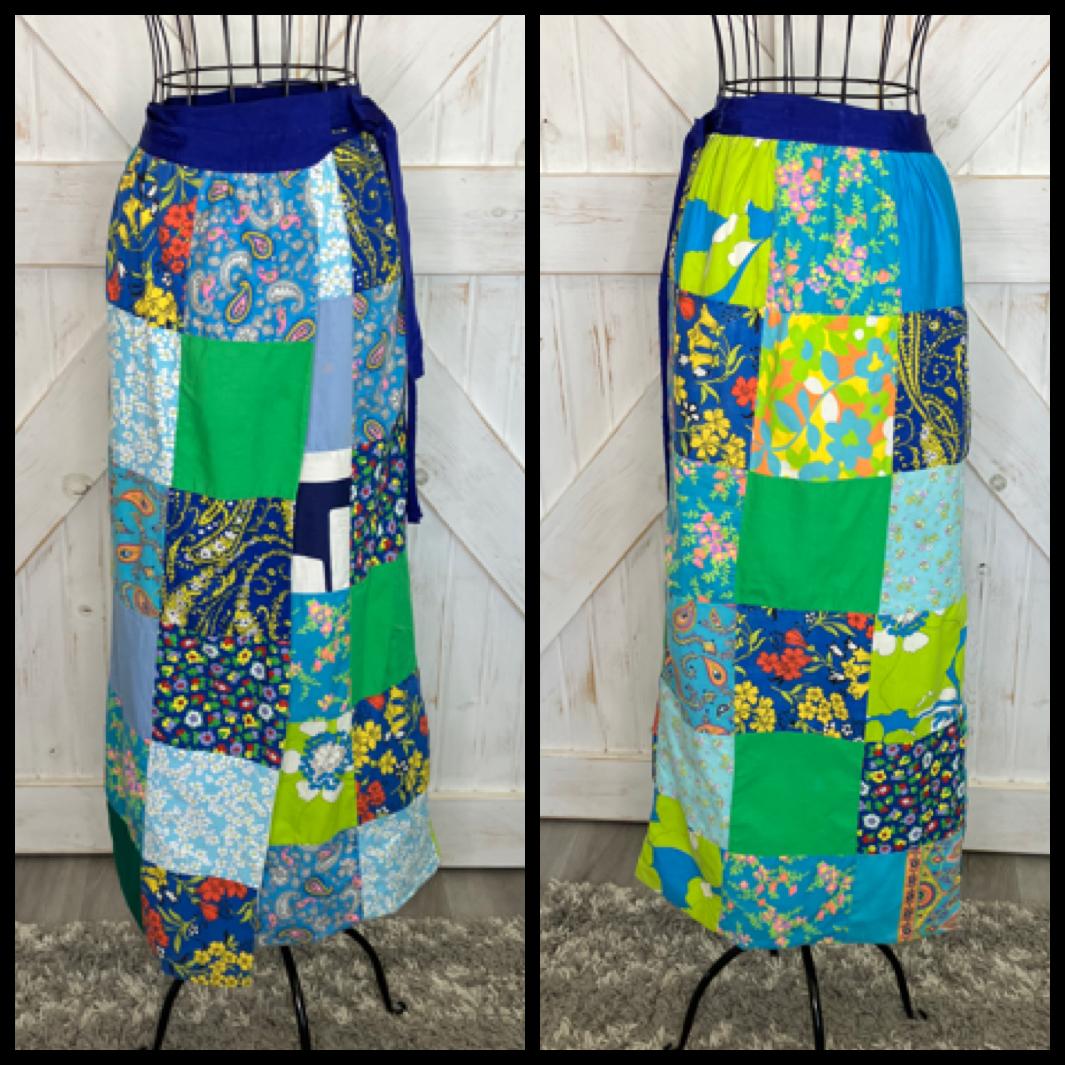 70's Vintage Gisella Heinemann Blue Green Rainbow Calico Paisley True Patchwork Boho Hippy Wrap Maxi Skirt