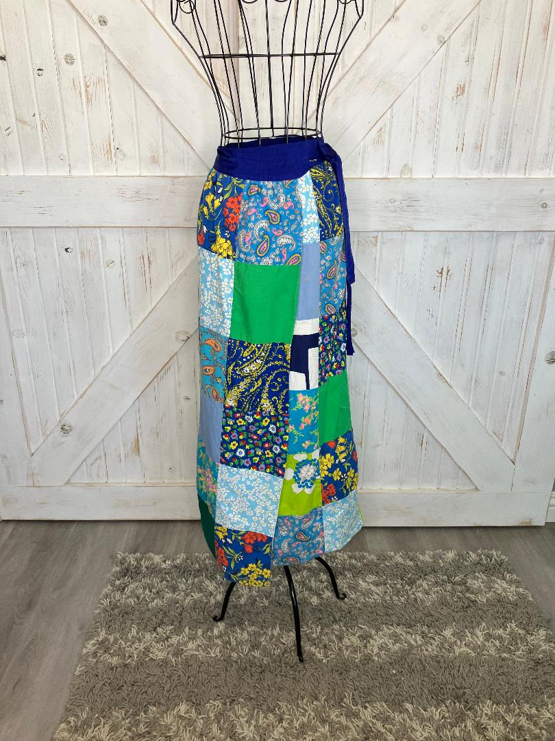 70's Vintage Gisella Heinemann Blue Green Rainbow Calico Paisley True Patchwork Boho Hippy Wrap Maxi Skirt