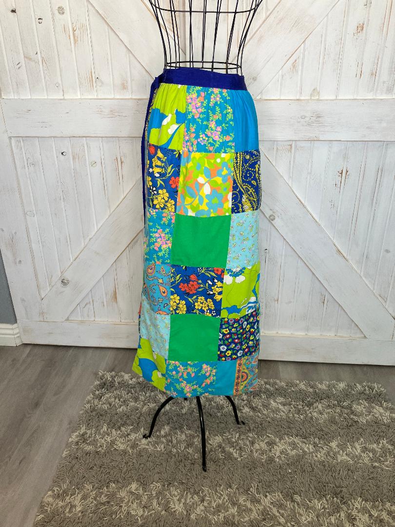 70's Vintage Gisella Heinemann Blue Green Rainbow Calico Paisley True Patchwork Boho Hippy Wrap Maxi Skirt