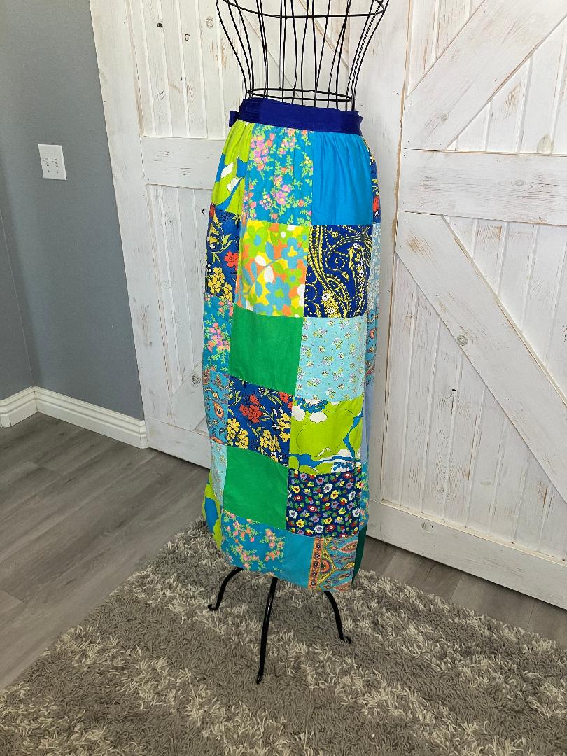 70's Vintage Gisella Heinemann Blue Green Rainbow Calico Paisley True Patchwork Boho Hippy Wrap Maxi Skirt