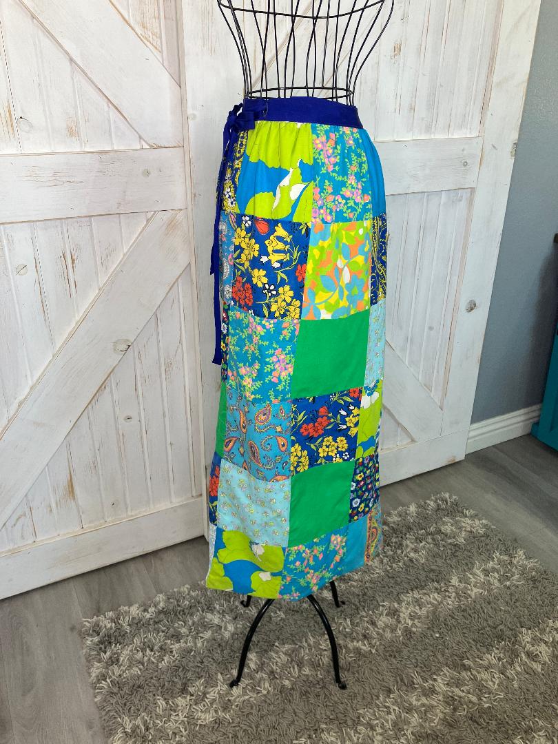 70's Vintage Gisella Heinemann Blue Green Rainbow Calico Paisley True Patchwork Boho Hippy Wrap Maxi Skirt