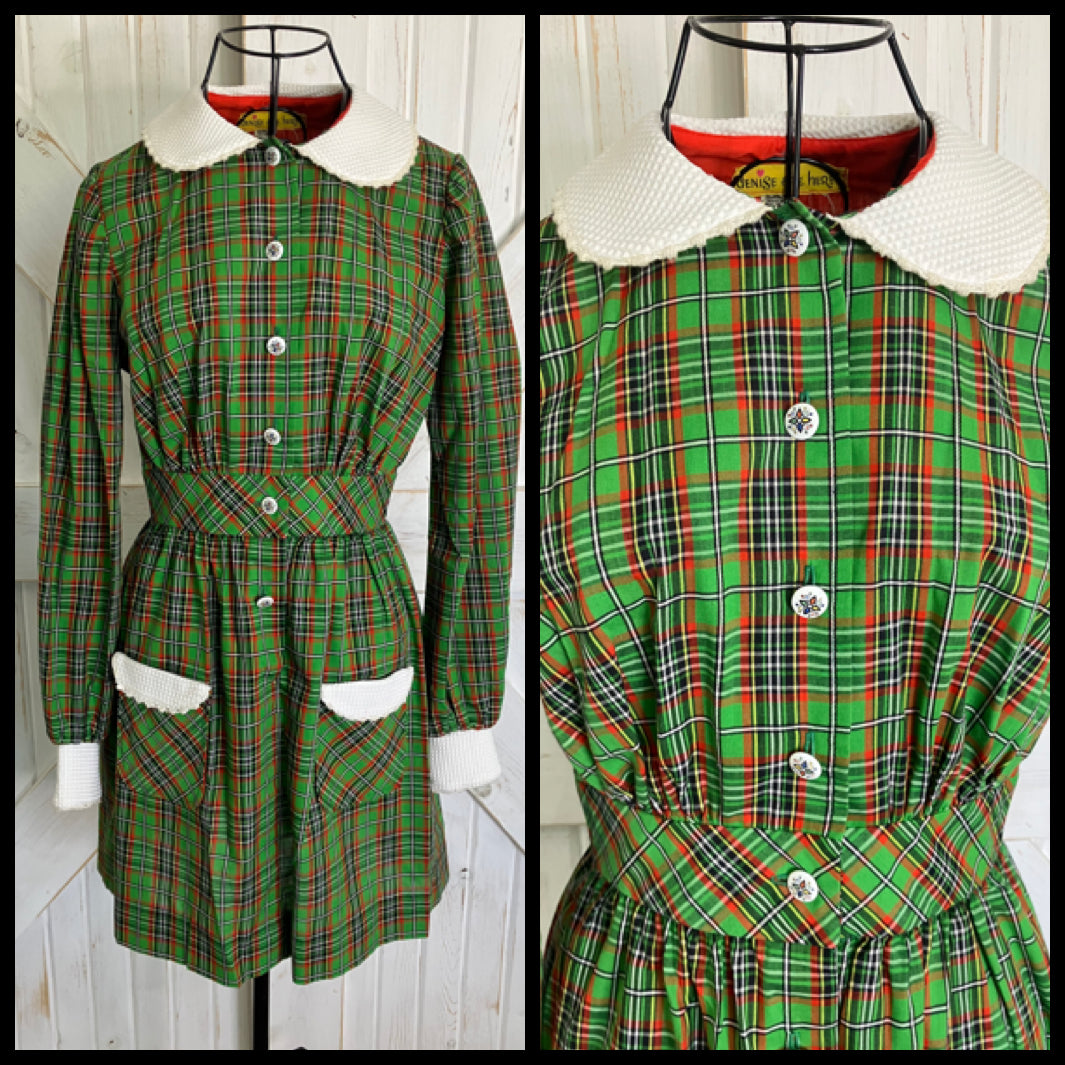 70's Vintage Denise Are Here Green Red White Dolly Mini Dress