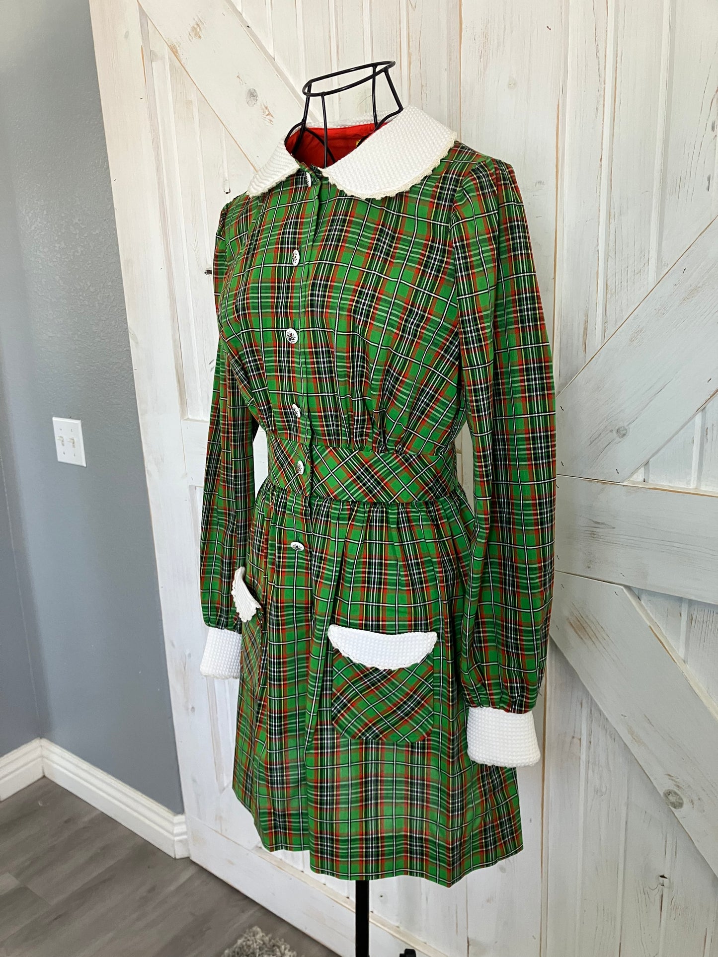 70's Vintage Denise Are Here Green Red White Dolly Mini Dress