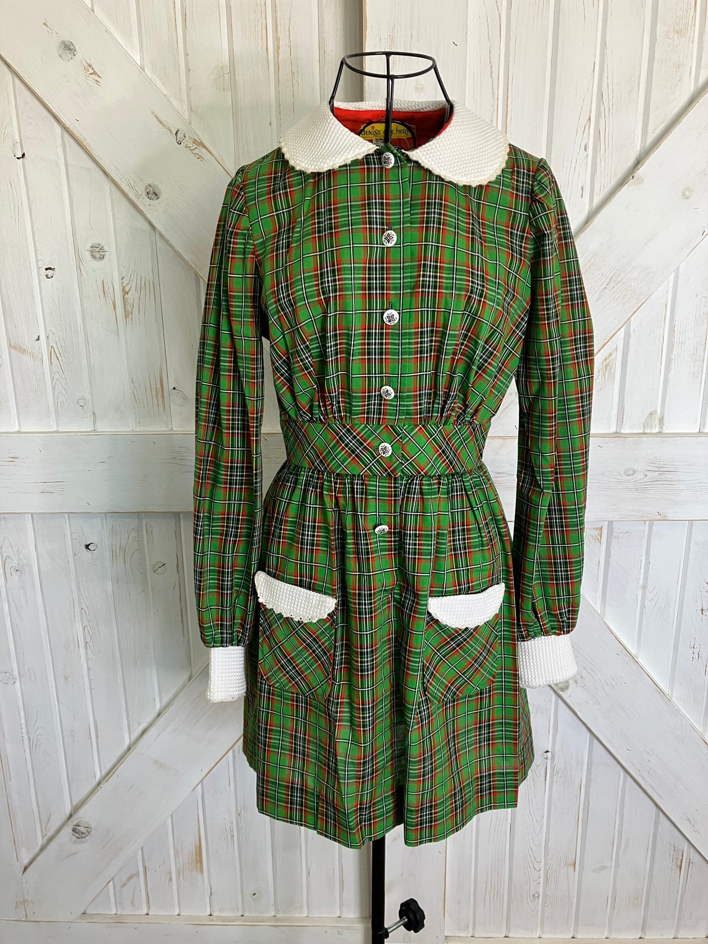 70's Vintage Denise Are Here Green Red White Dolly Mini Dress