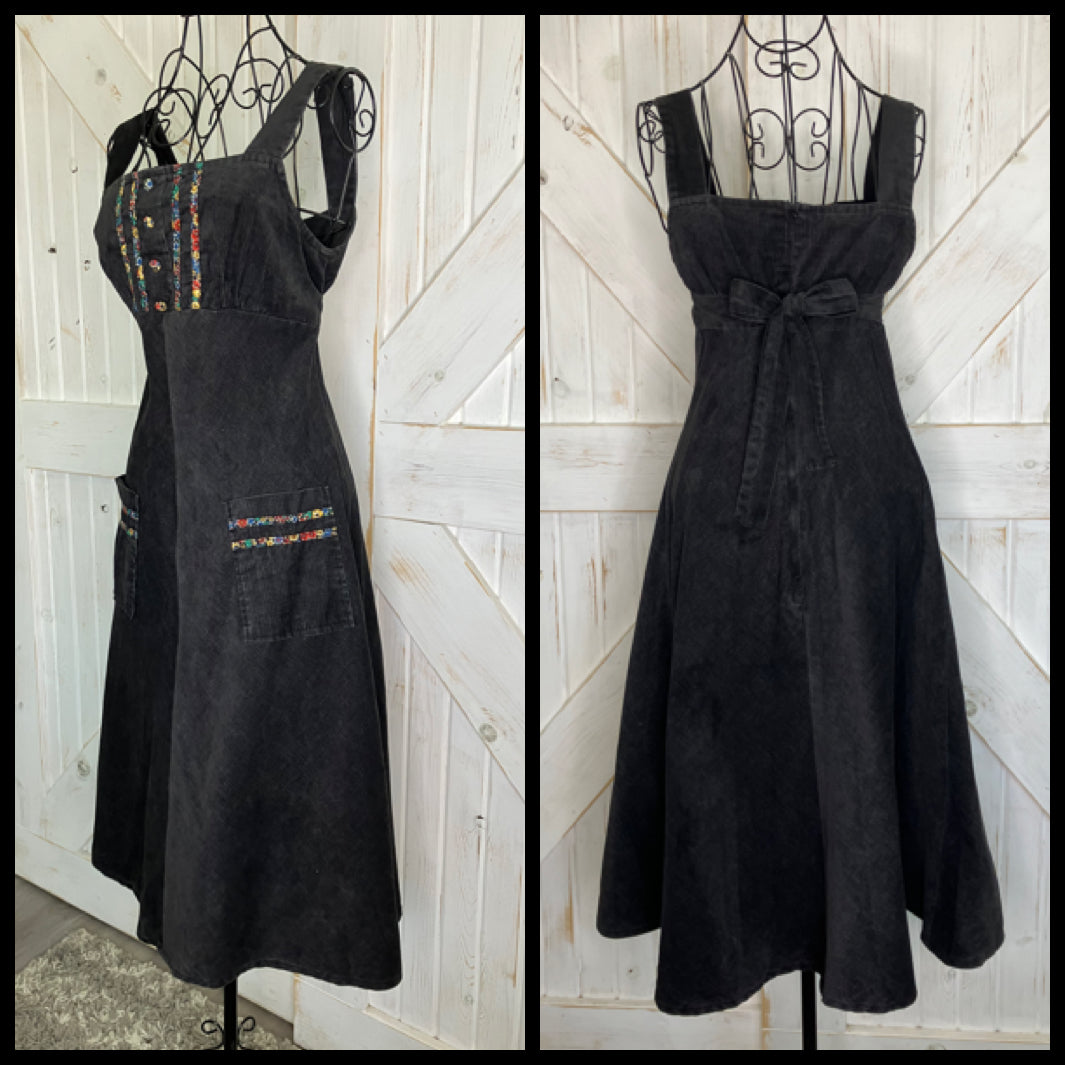 70's Vintage Byer California Black Corduroy Rainbow Calico Prairie Midi Sundress Dress