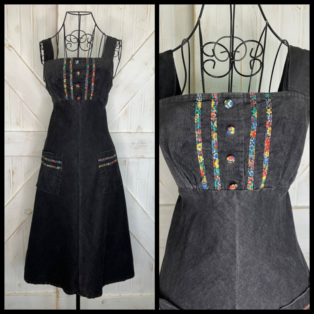 70's Vintage Byer California Black Corduroy Rainbow Calico Prairie Midi Sundress Dress