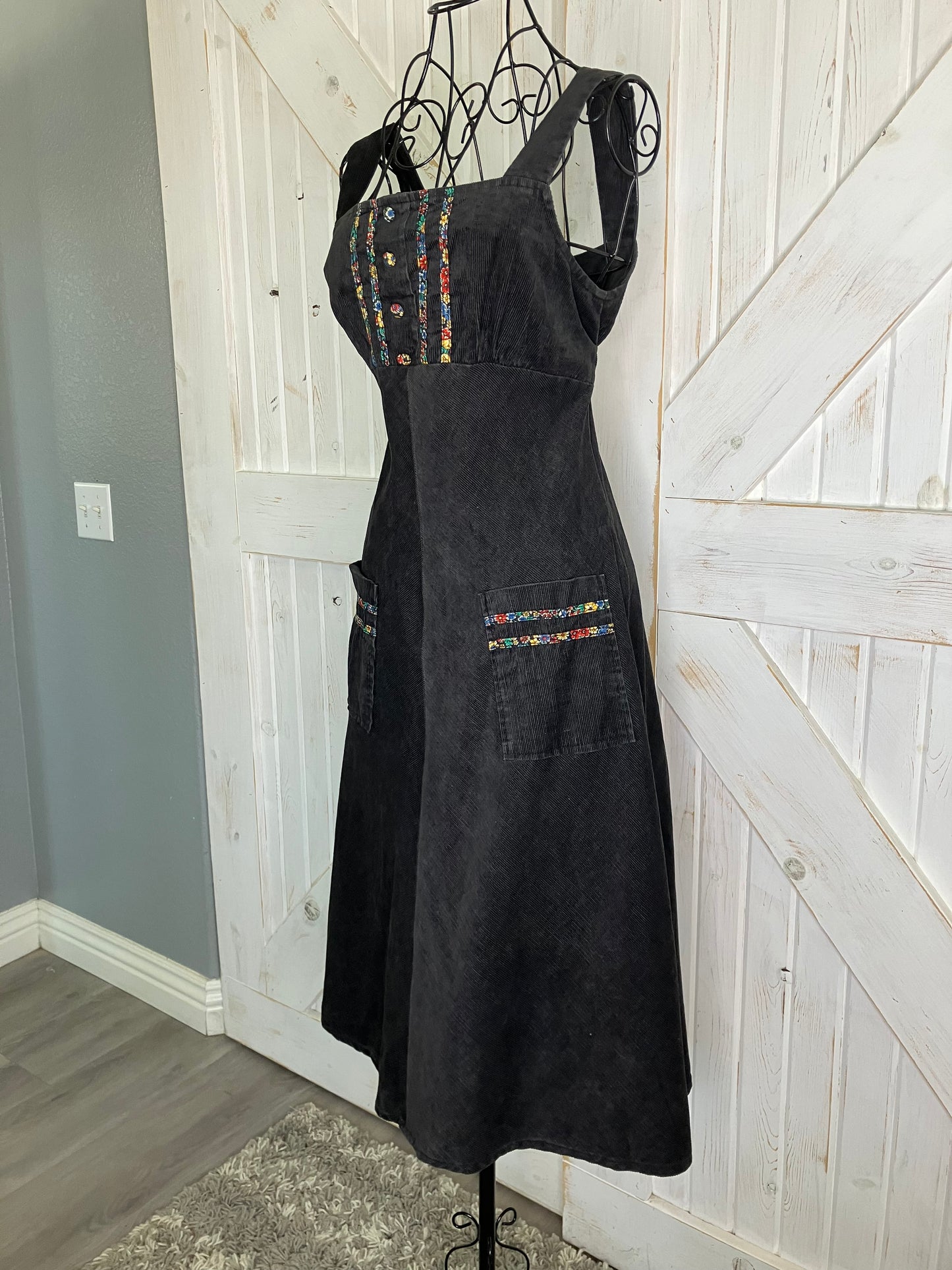 70's Vintage Byer California Black Corduroy Rainbow Calico Prairie Midi Sundress Dress