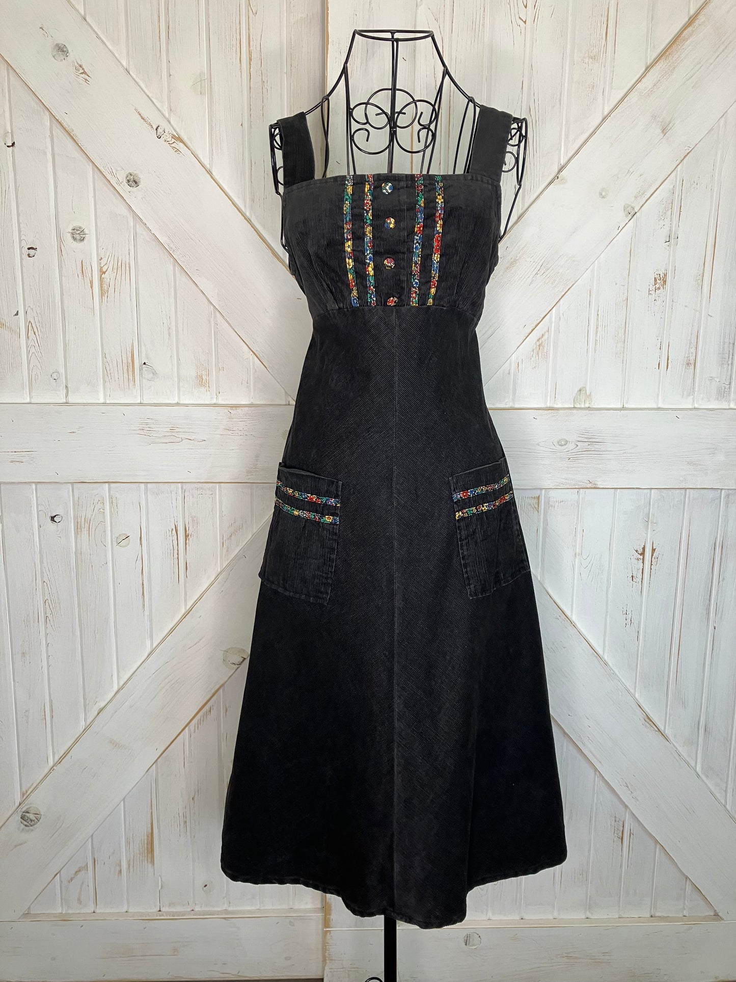 70's Vintage Byer California Black Corduroy Rainbow Calico Prairie Midi Sundress Dress