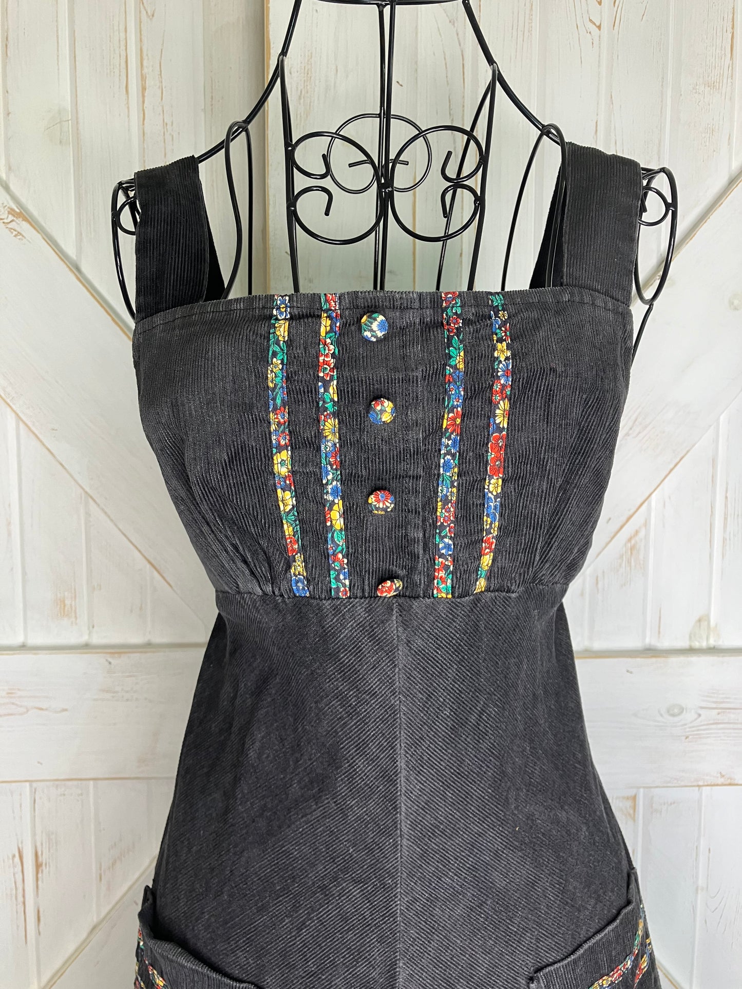 70's Vintage Byer California Black Corduroy Rainbow Calico Prairie Midi Sundress Dress
