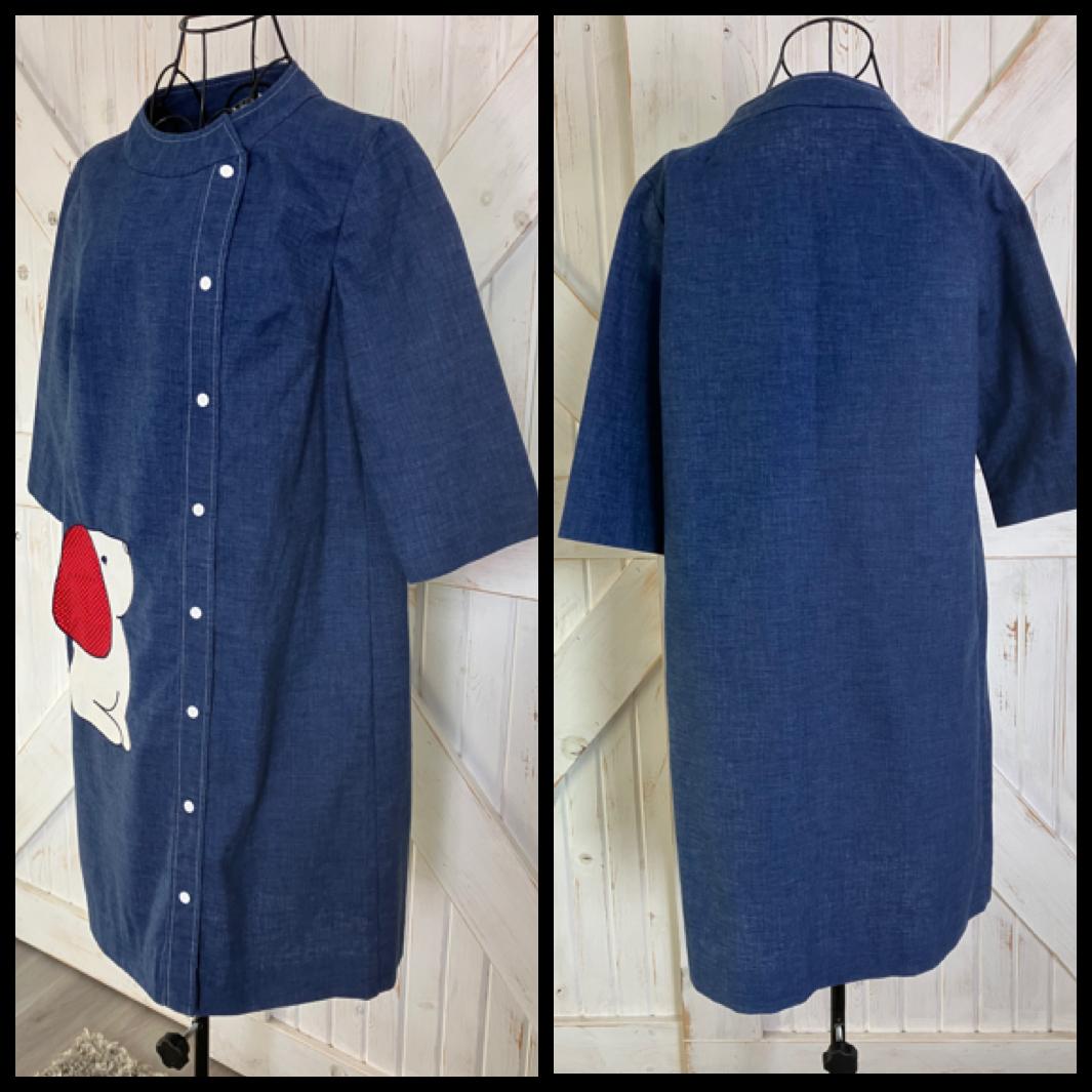 60's Vintage Models Coat Blue Denim Jean Red White Patchwork Puppy Dog Housecoat Mini Dress