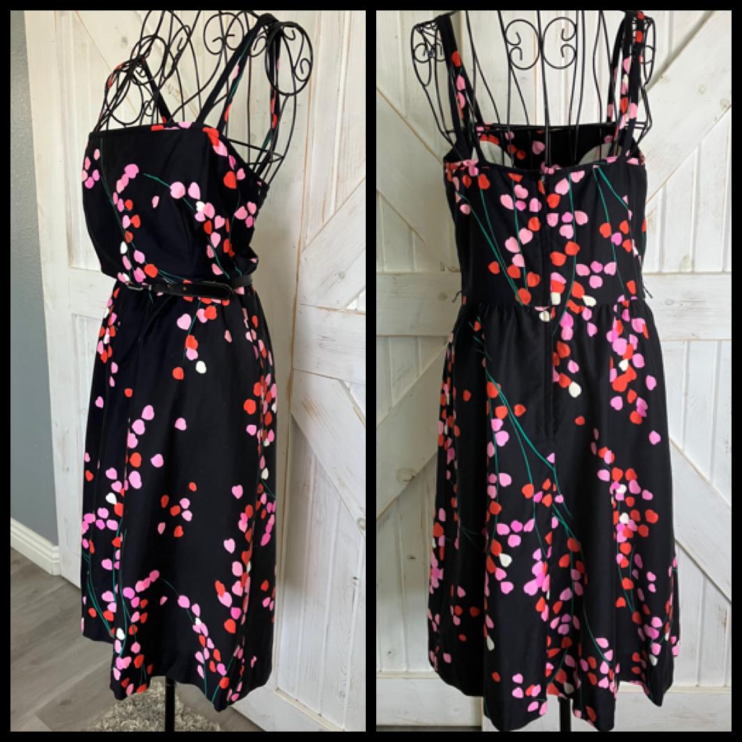 70's Vintage Malia Honolulu Black Pink Leaf Hearts Hawaiian Midi Sundress Dress