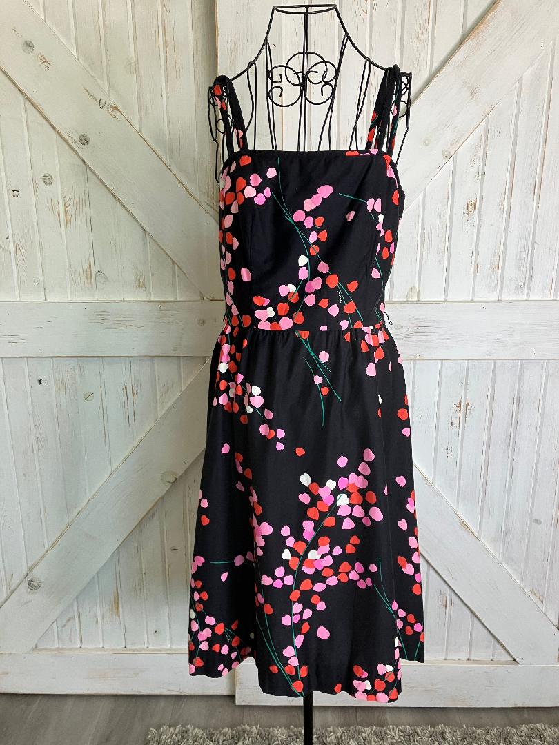70's Vintage Malia Honolulu Black Pink Leaf Hearts Hawaiian Midi Sundress Dress