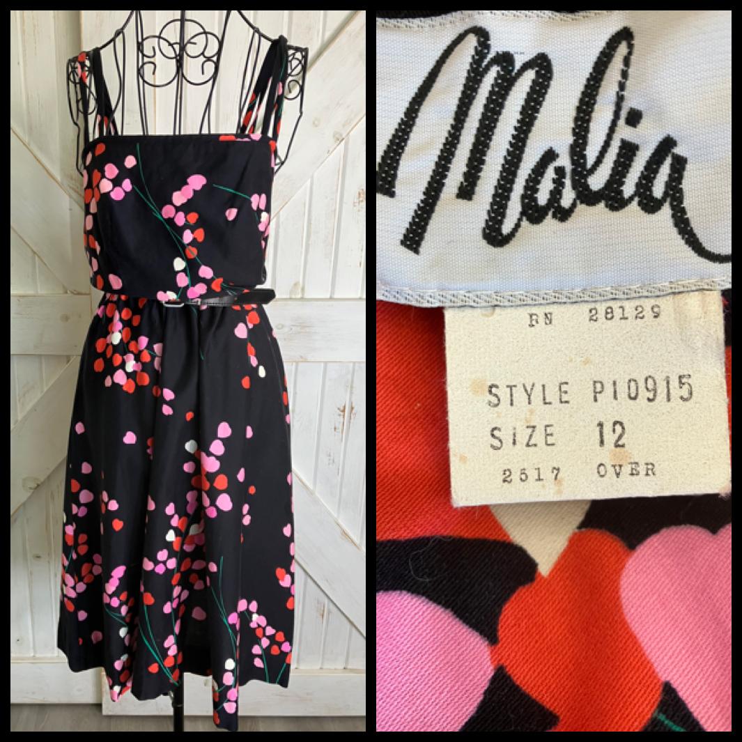 70's Vintage Malia Honolulu Black Pink Leaf Hearts Hawaiian Midi Sundress Dress