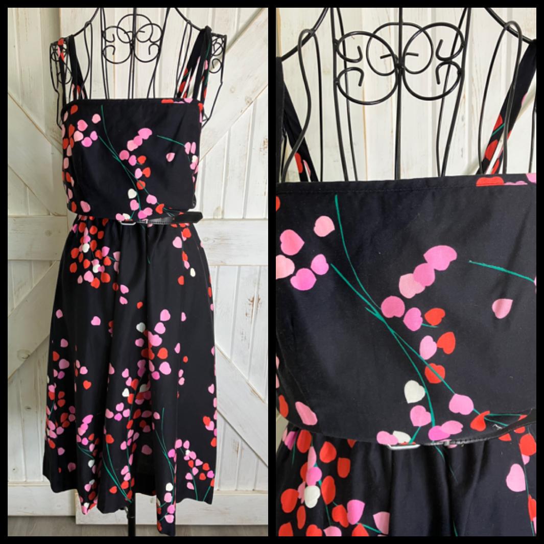 70's Vintage Malia Honolulu Black Pink Leaf Hearts Hawaiian Midi Sundress Dress