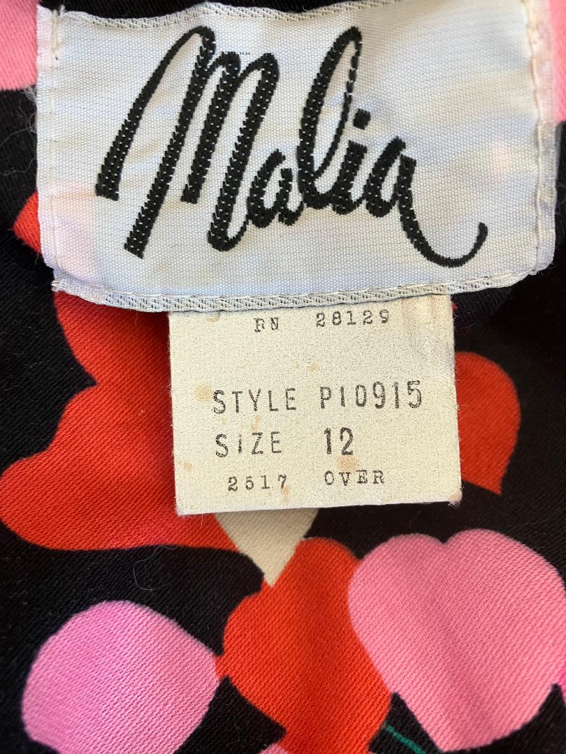 70's Vintage Malia Honolulu Black Pink Leaf Hearts Hawaiian Midi Sundress Dress
