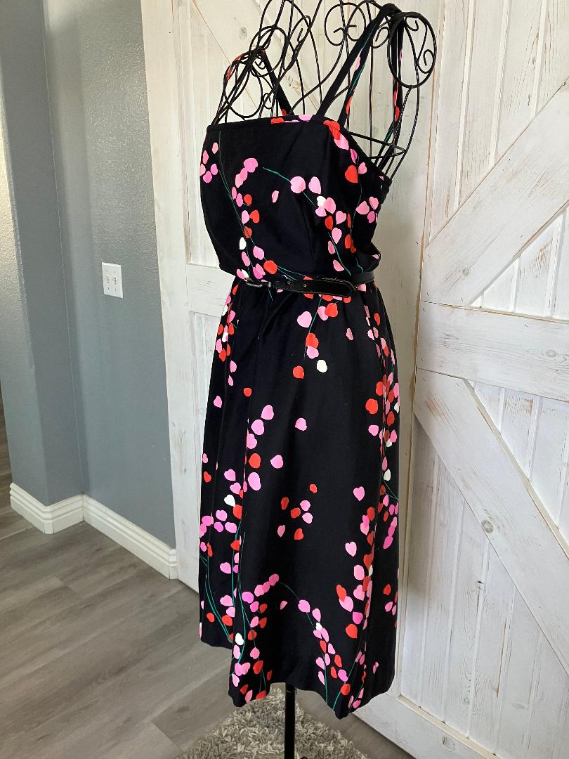 70's Vintage Malia Honolulu Black Pink Leaf Hearts Hawaiian Midi Sundress Dress