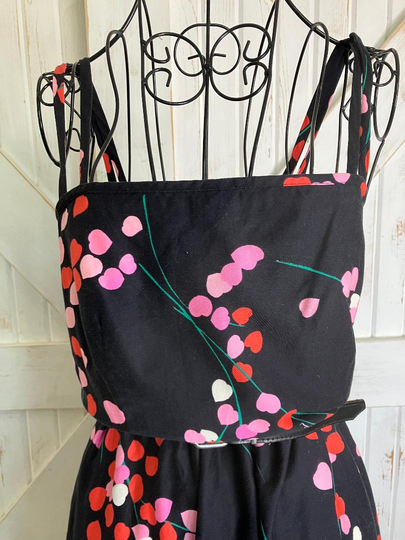 70's Vintage Malia Honolulu Black Pink Leaf Hearts Hawaiian Midi Sundress Dress
