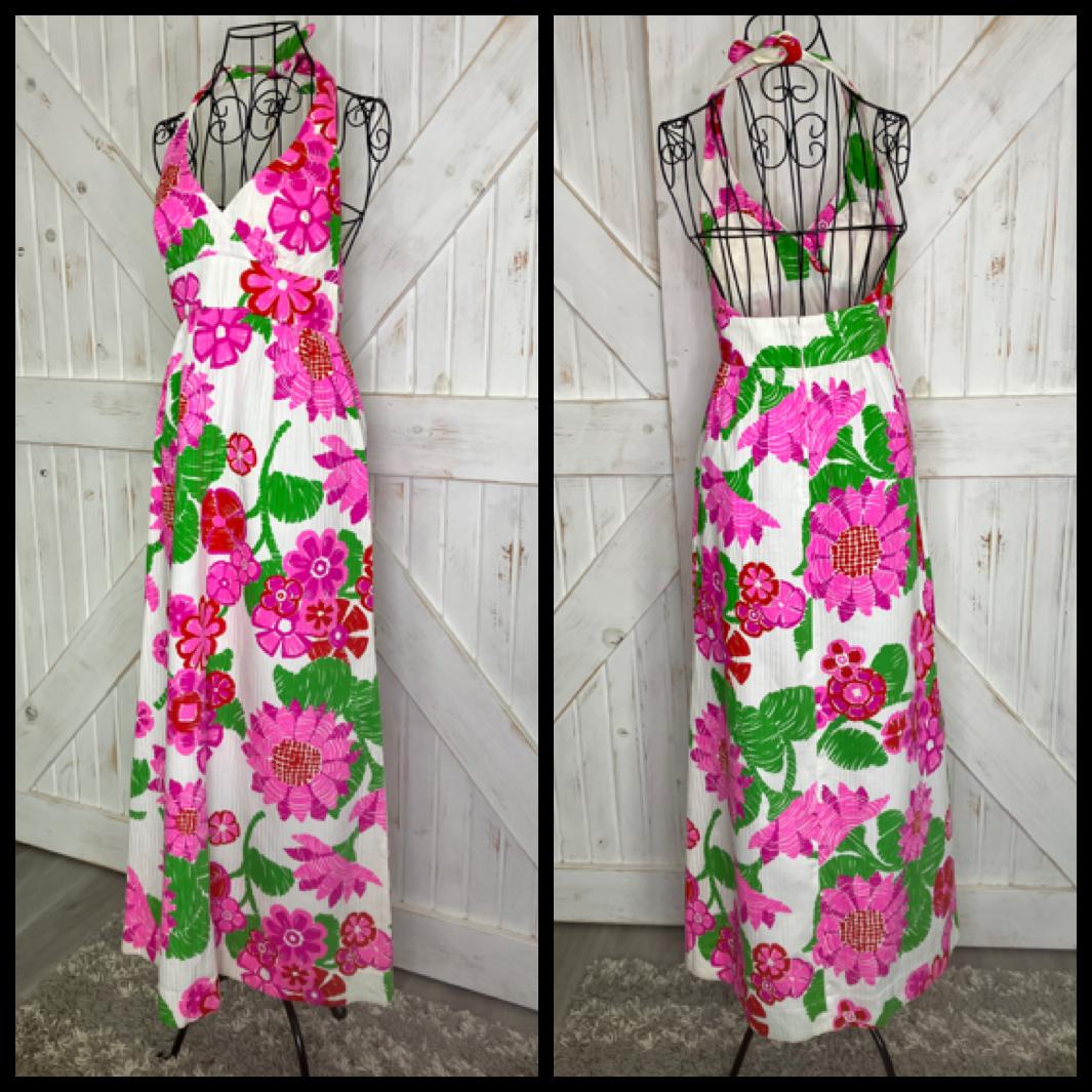 70's Vintage Malia Honolulu Carol & Mary Pink Red Green White Halter Hawaiian Hostess Luau Maxi Sundress Dress