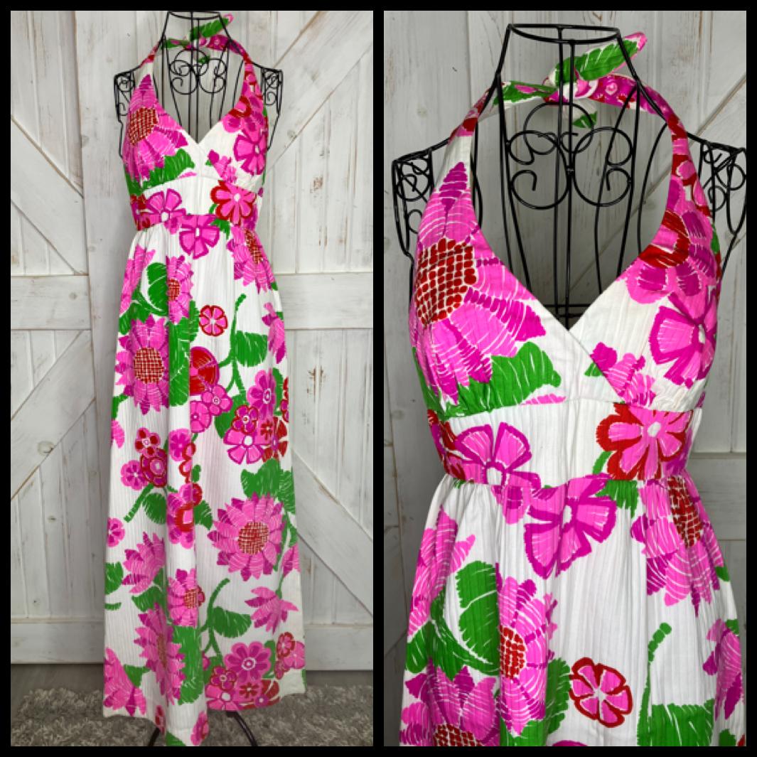 70's Vintage Malia Honolulu Carol & Mary Pink Red Green White Halter Hawaiian Hostess Luau Maxi Sundress Dress