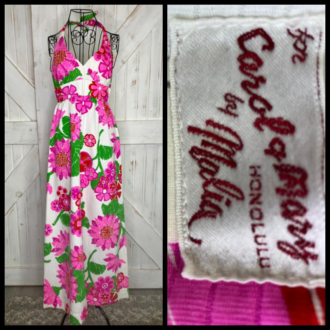 70's Vintage Malia Honolulu Carol & Mary Pink Red Green White Halter Hawaiian Hostess Luau Maxi Sundress Dress