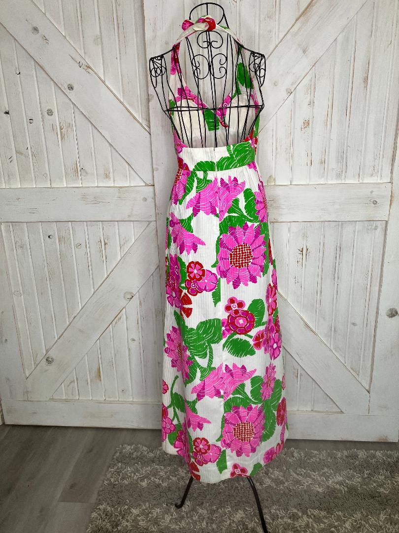70's Vintage Malia Honolulu Carol & Mary Pink Red Green White Halter Hawaiian Hostess Luau Maxi Sundress Dress