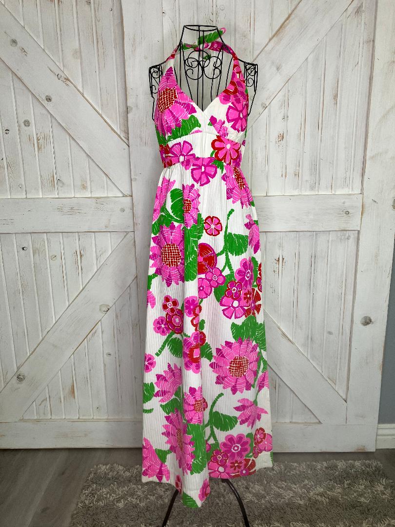 70's Vintage Malia Honolulu Carol & Mary Pink Red Green White Halter Hawaiian Hostess Luau Maxi Sundress Dress