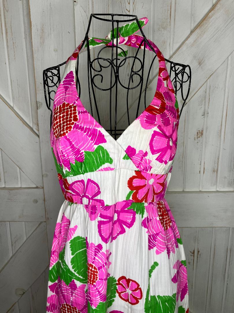 70's Vintage Malia Honolulu Carol & Mary Pink Red Green White Halter Hawaiian Hostess Luau Maxi Sundress Dress
