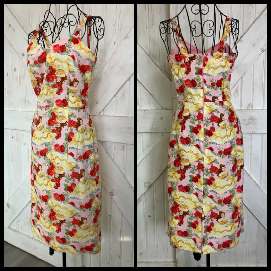 Handmade Pink Red Roses Disney Beauty and the Beast Yellow Belle Pin Up Midi Sheath Dress