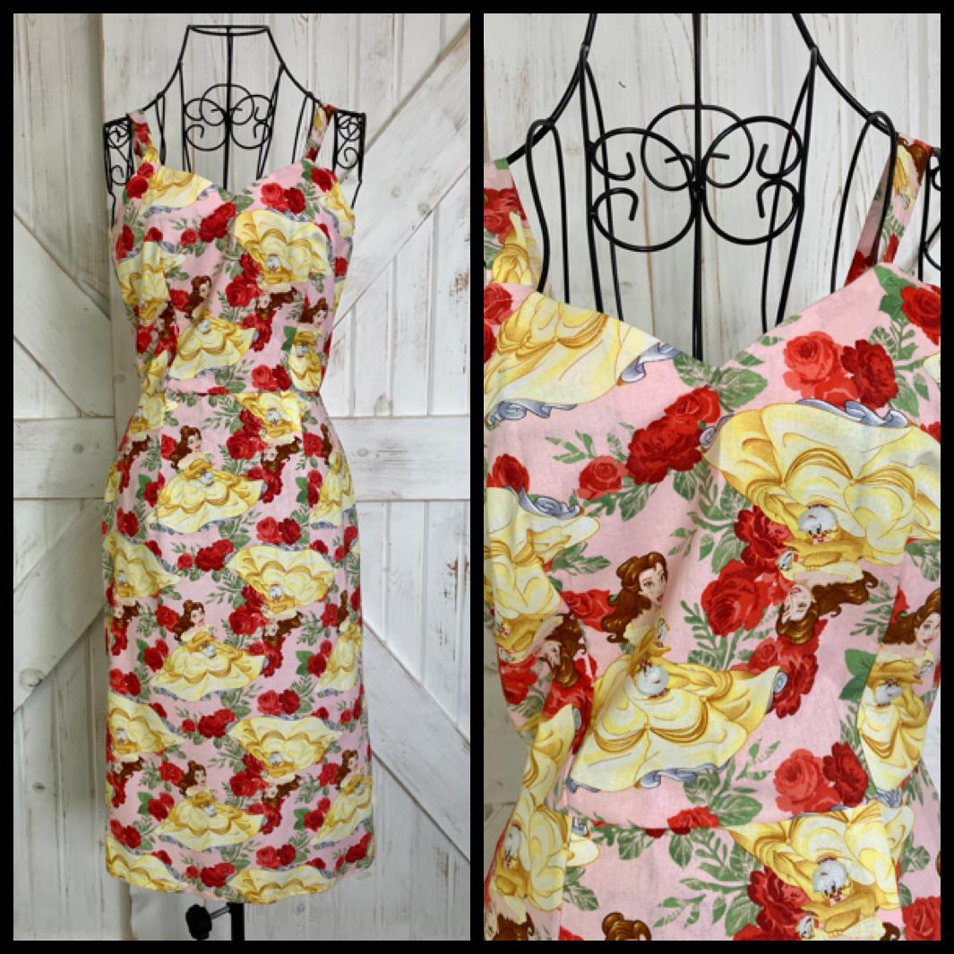 Handmade Pink Red Roses Disney Beauty and the Beast Yellow Belle Pin Up Midi Sheath Dress