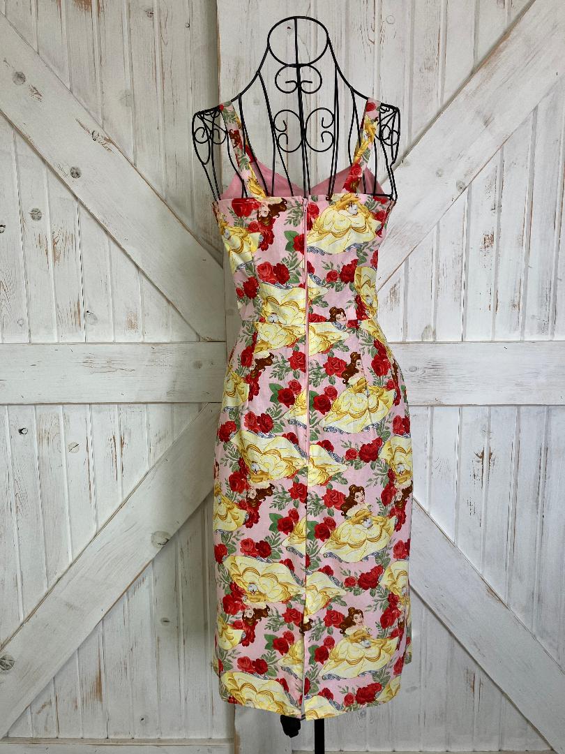 Handmade Pink Red Roses Disney Beauty and the Beast Yellow Belle Pin Up Midi Sheath Dress