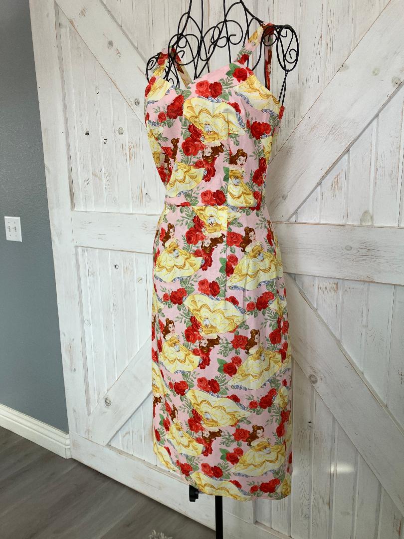 Handmade Pink Red Roses Disney Beauty and the Beast Yellow Belle Pin Up Midi Sheath Dress