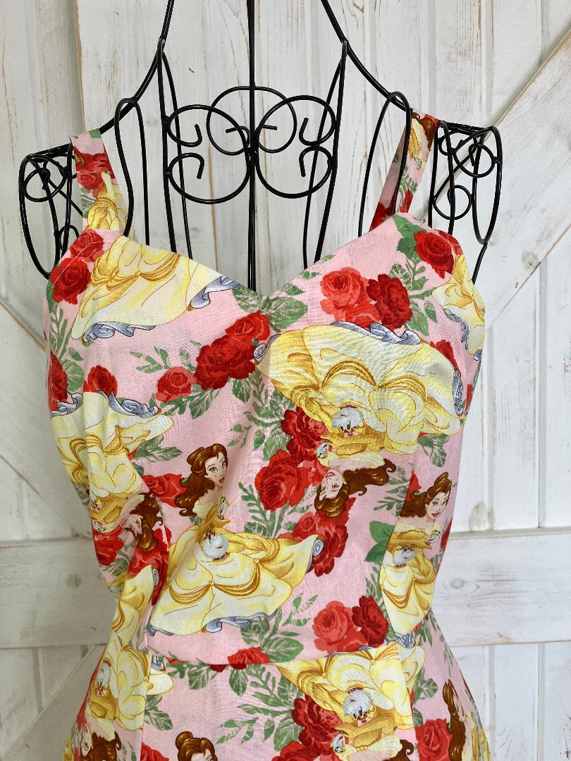 Handmade Pink Red Roses Disney Beauty and the Beast Yellow Belle Pin Up Midi Sheath Dress