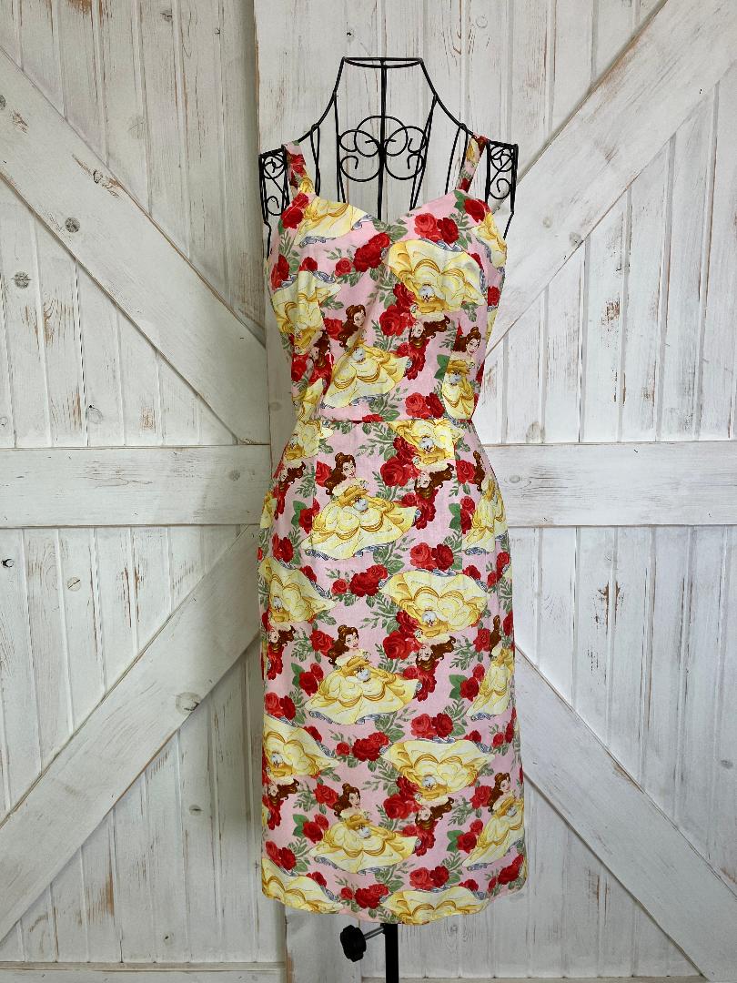 Handmade Pink Red Roses Disney Beauty and the Beast Yellow Belle Pin Up Midi Sheath Dress