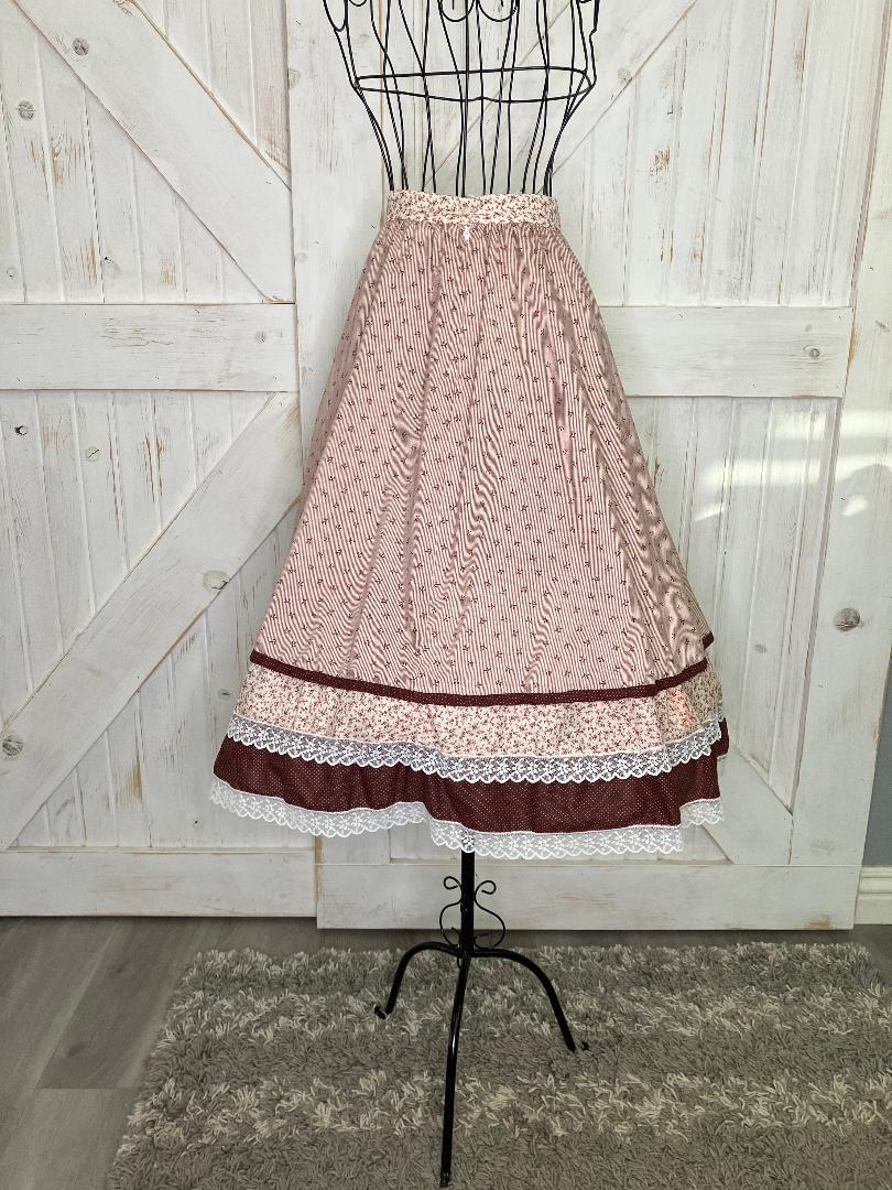 70's Vintage Gunne Sax Jessica's Gunnies Red White Calico Stripe Prairie Midi Apron Skirt 9