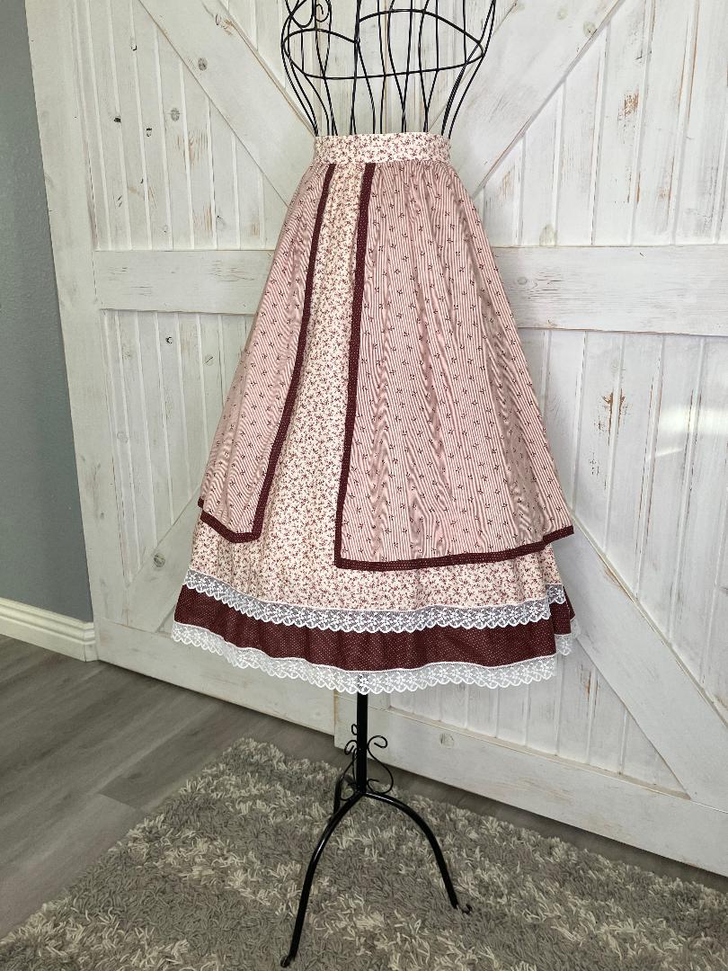 70's Vintage Gunne Sax Jessica's Gunnies Red White Calico Stripe Prairie Midi Apron Skirt 9