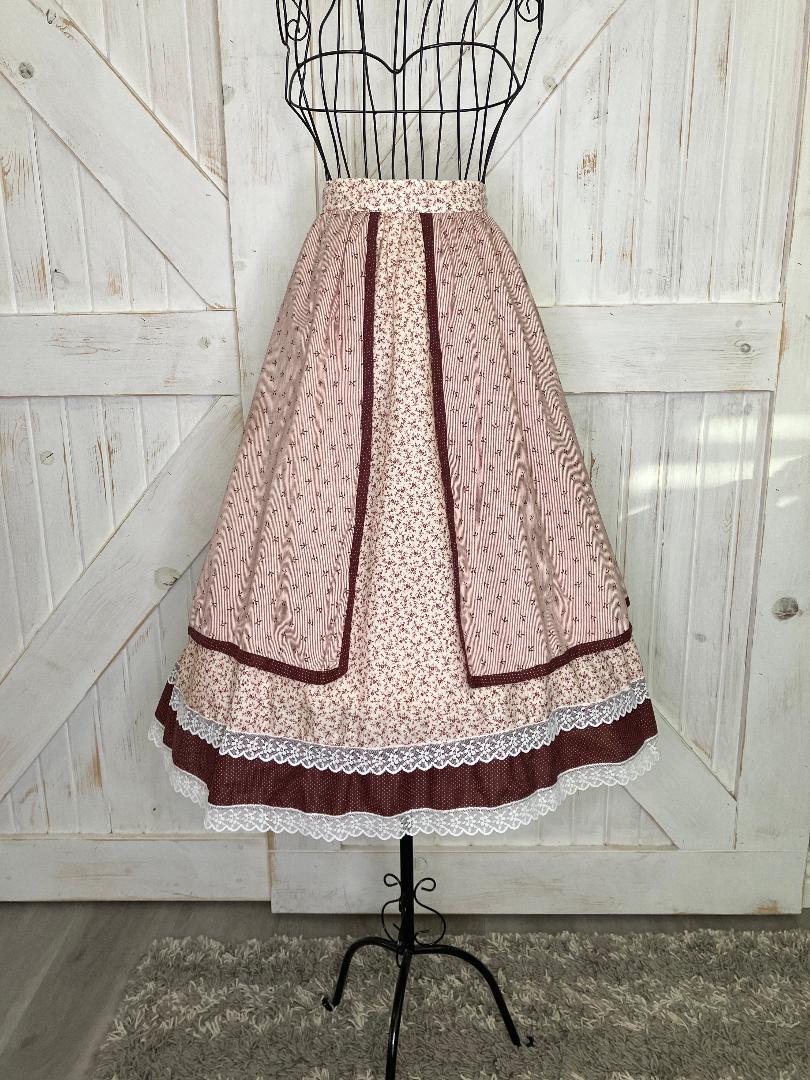 70's Vintage Gunne Sax Jessica's Gunnies Red White Calico Stripe Prairie Midi Apron Skirt 9