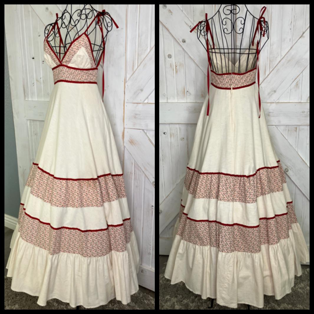 70's Vintage Gunne Sax Ivory Red Pink Calico Tie Strap Prairie Maxi Sundress Dress