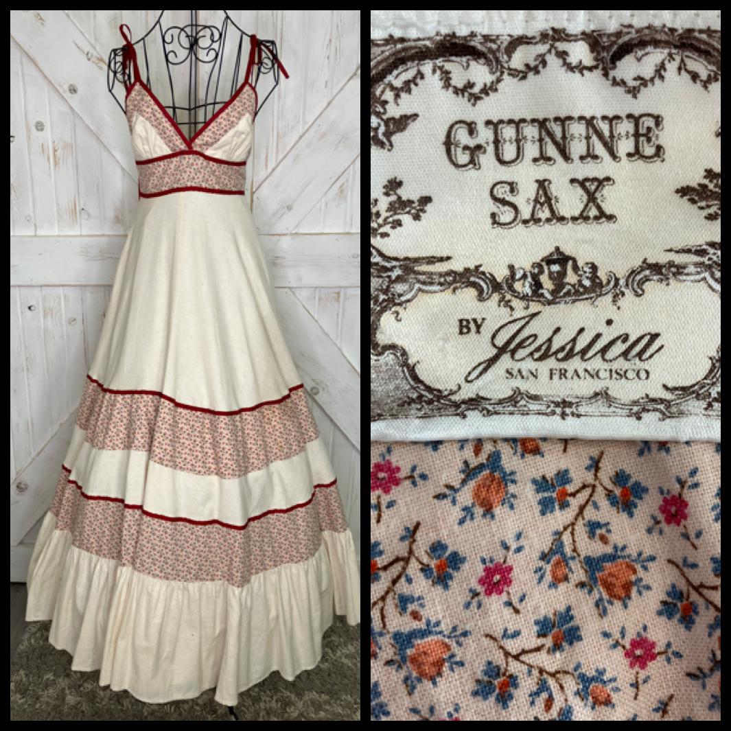70's Vintage Gunne Sax Ivory Red Pink Calico Tie Strap Prairie Maxi Sundress Dress