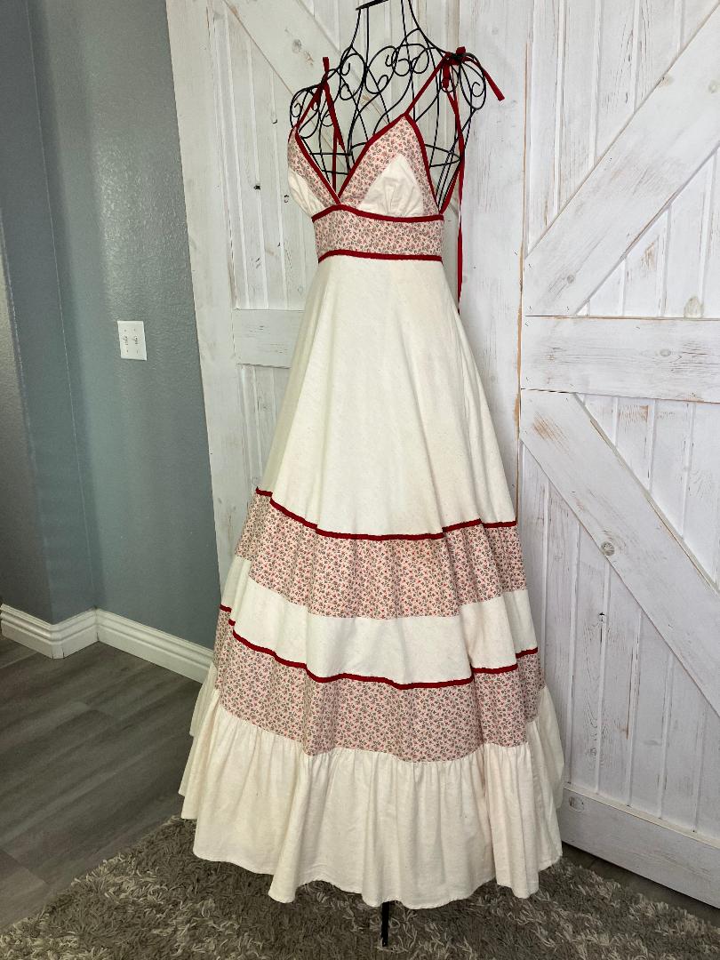 70's Vintage Gunne Sax Ivory Red Pink Calico Tie Strap Prairie Maxi Sundress Dress