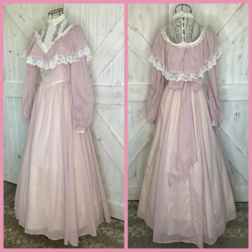 70's Vintage Gunne Sax Pink White Lace Romantic Renaissance Bridal Prairie Maxi Bridesmaid Dress 7