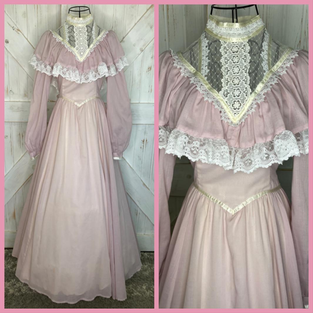 70's Vintage Gunne Sax Pink White Lace Romantic Renaissance Bridal Prairie Maxi Bridesmaid Dress 7